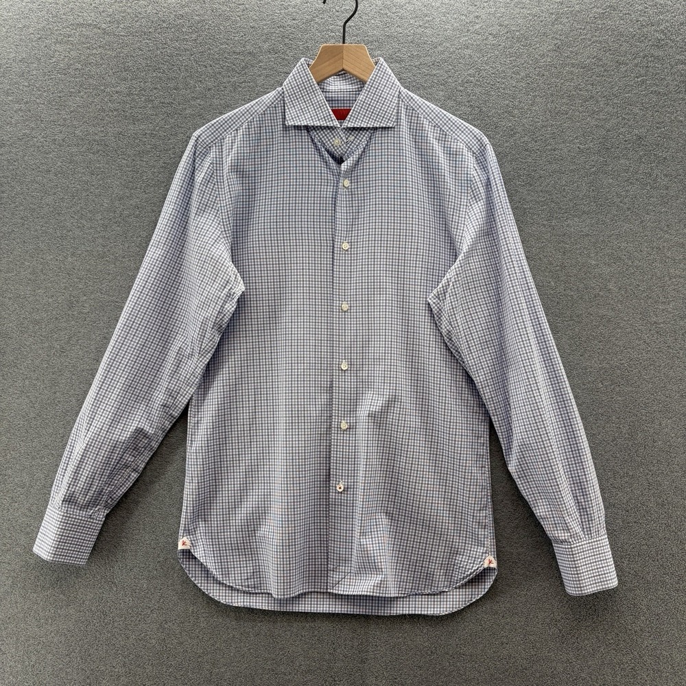 Isaia Dress Shirt Mens 15.5 39 Blue Check Plaid Cotton Long Sleeve Italy